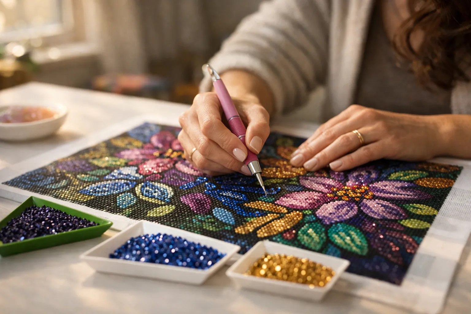 Hands placing sparkling round drills on a jewel-toned floral diamond painting canvas beside small trays of colored drills