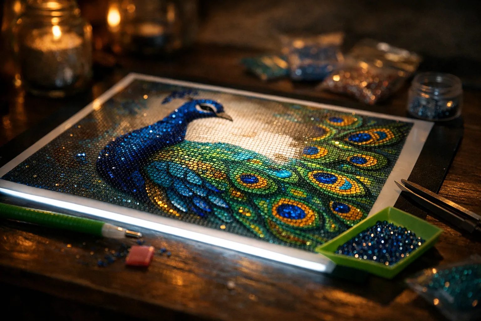 A light pad glowing under a peacock diamond painting