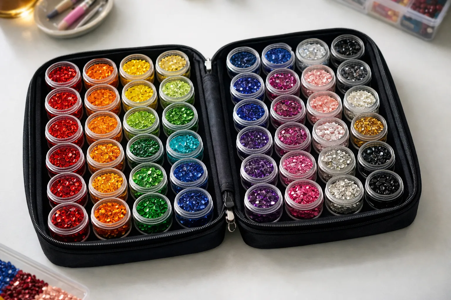 An open storage case full of small jars of colorful diamond painting drills