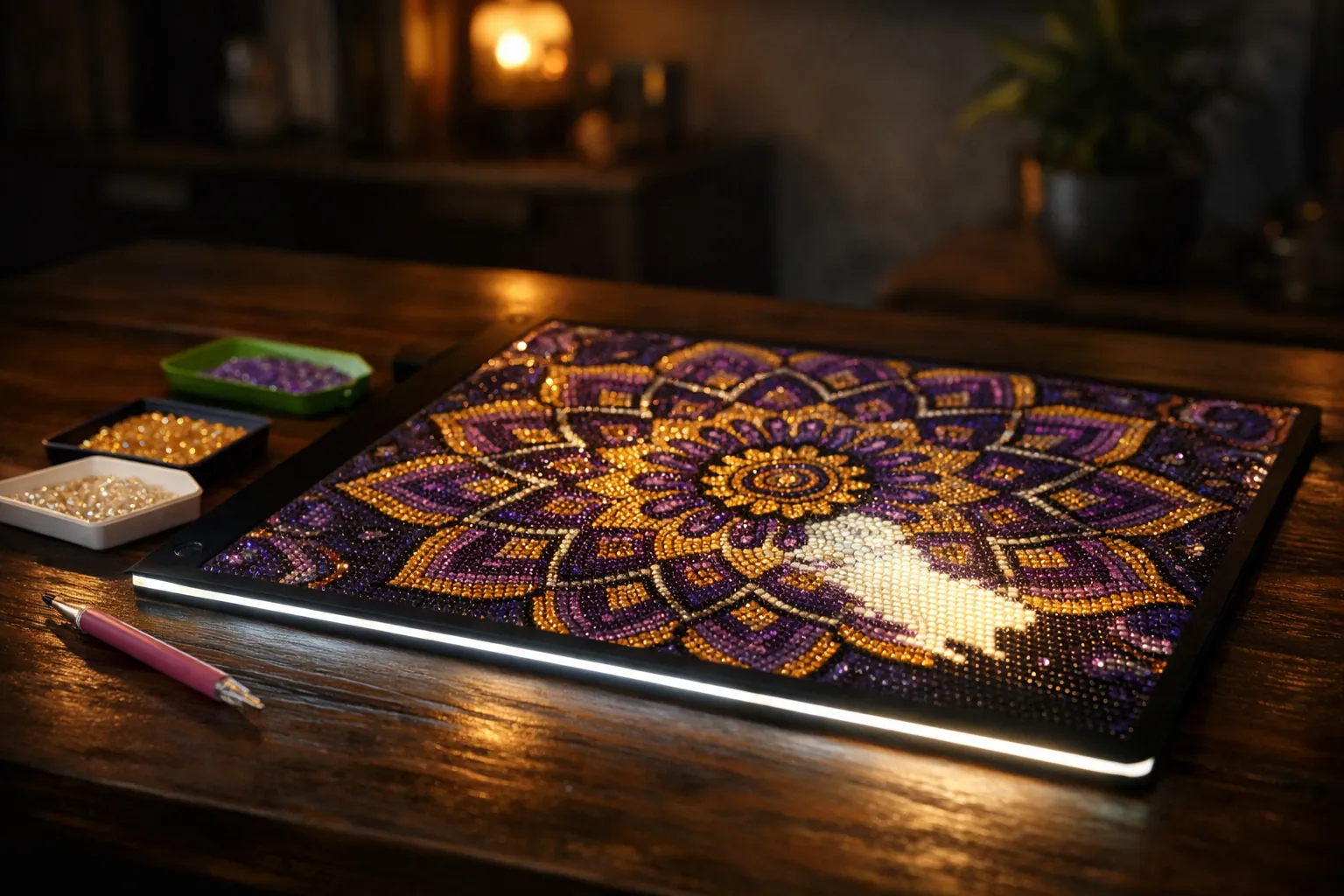 A glowing LED light pad under a sparkling diamond painting canvas in a dim room