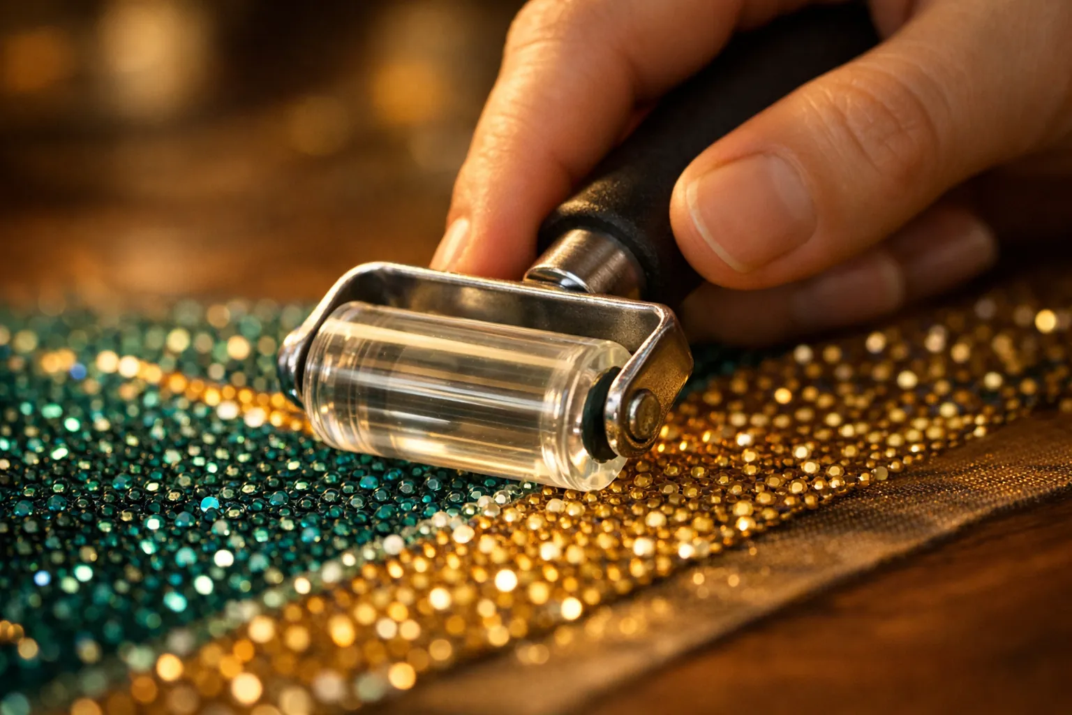A hand rolling a small roller over finished diamond painting drills